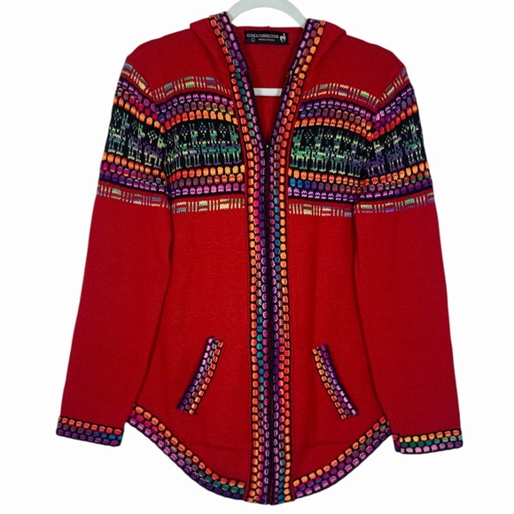 Alpaca Connection Peru Full Zip Hoodie Sweater Red Hooded Wool Cardigan Large L - Picture 1 of 7
